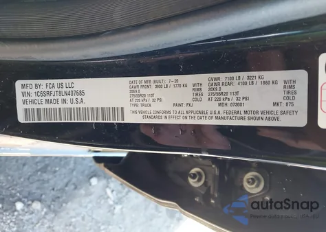 2020 Ram 1500 Laramie 4X4 5'7 Box из США, поврежденный, VIN 1C6SRFJT8LN407685